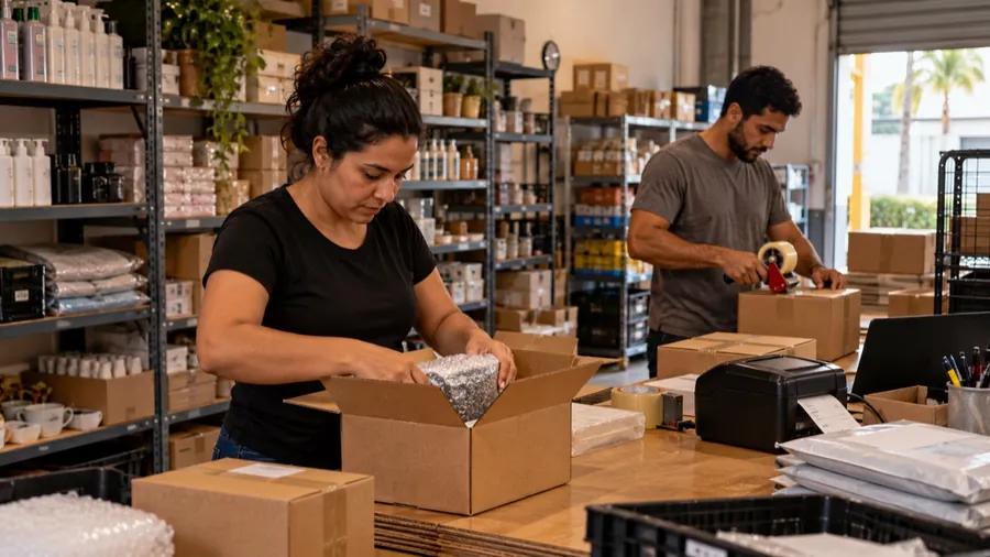 Equipe de e-commerce embalando pedidos