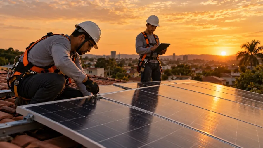 Técnicos instalando painéis de energia solar